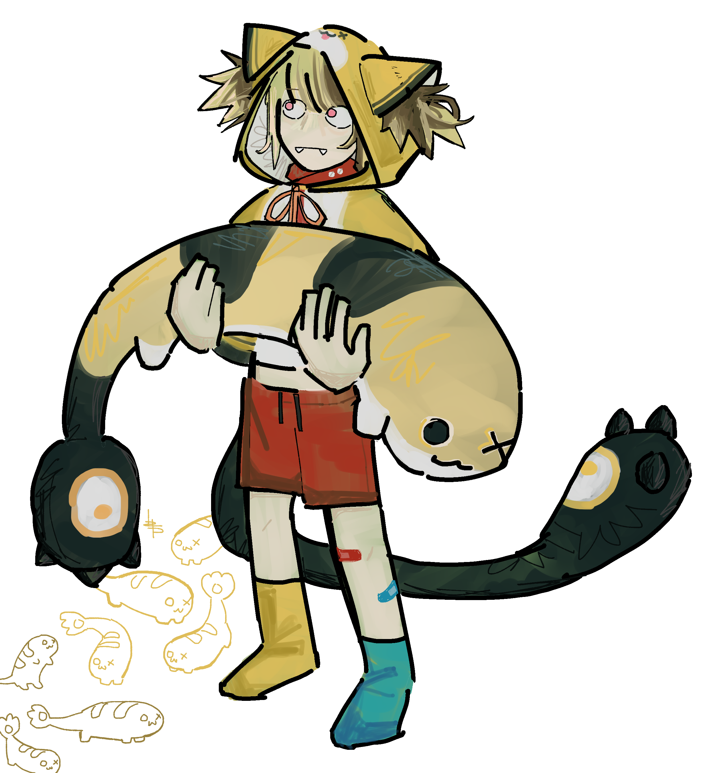 fanart of vtuber gigi wearing her pyjama hood and red shorts. she's holding a large grem / her mascot across 
	  her arms.